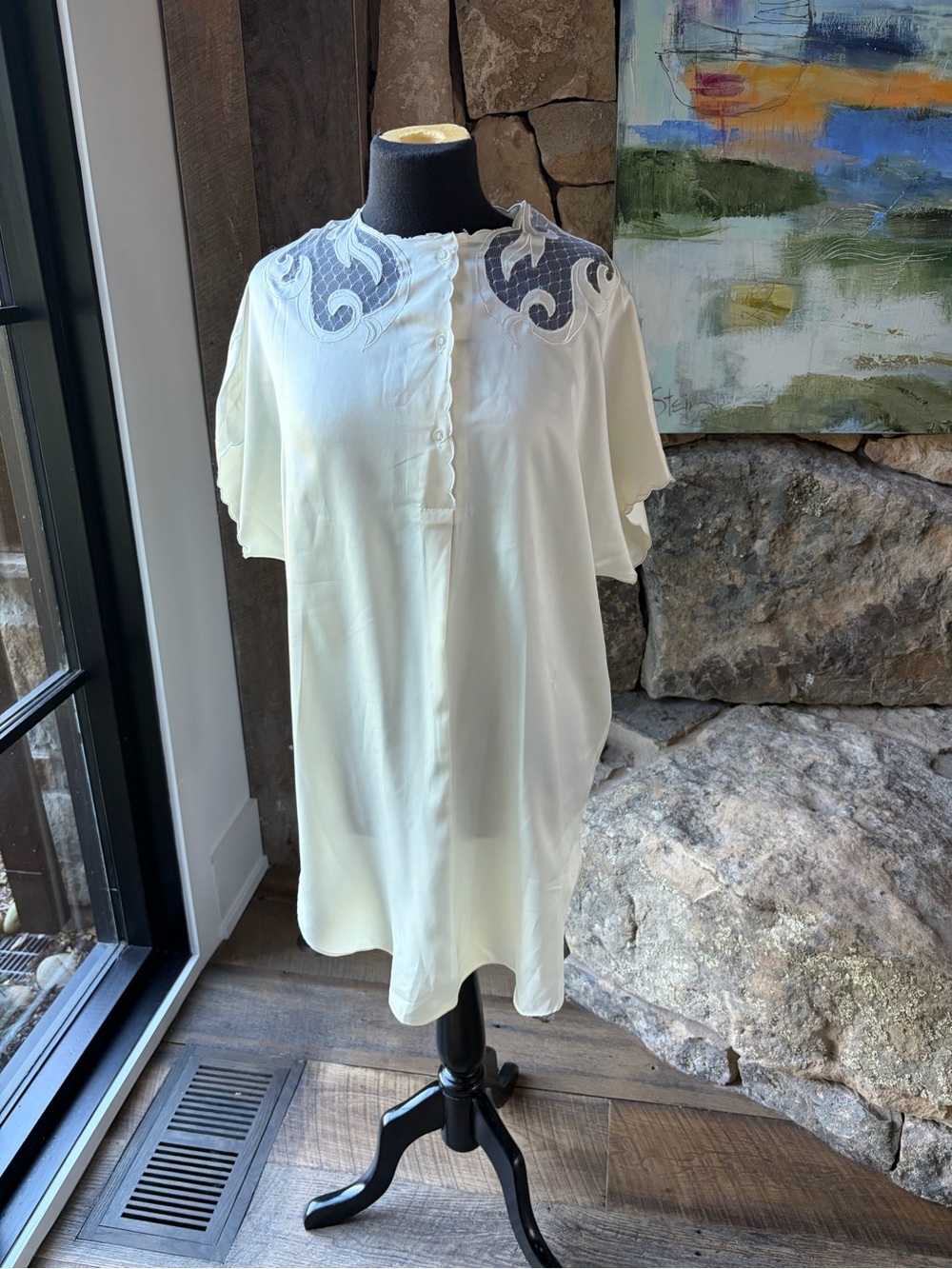 Vintage Linda Lingerie Ivory Sheer Lounge Dress Size XL Coquette Sleepwear